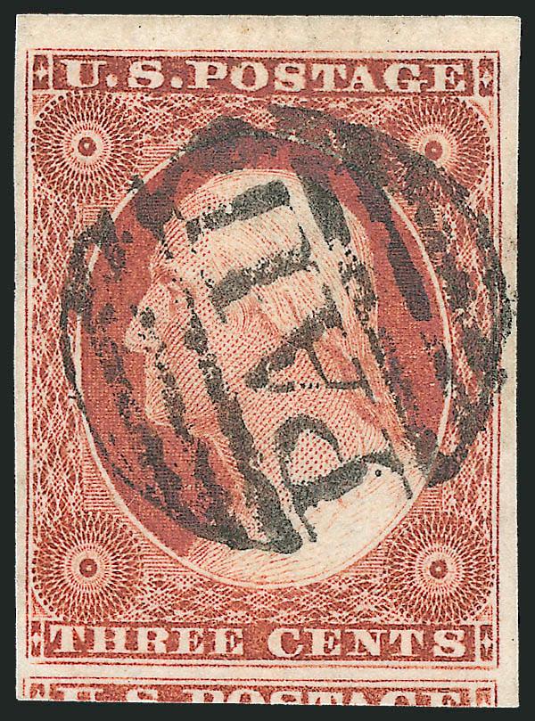 3c Orange Brown, Ty. II (10A).> Position 4L5E, large to huge margins incl. significant portion of adjoining stamp at bottom and <sheet margin at top,> intense shade and proof-like impression, bold strike of
small Boston Paid grid cancel, Extremely