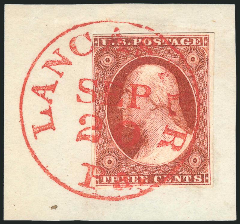 3c Copperish Orange Brown, Ty. II (10A var).> Position 2L5E, large margins to barely in along frameline at upper left, tied by perfect strike of <red> Lancaster Pa. Sep. 20 circular datestamp on small piece,
Very Fine and choice example of this dif