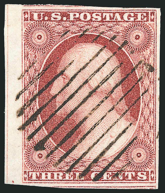 3c 1851 Issue (10-11A).> Five stamps, each selected for beautiful depth of color, first two No. 10A Orange Brown, one with perfectly struck blue grid, other with blue circular datestamp, third No. 10A Reddish
Orange Brown with neat pen cancel, fourth
