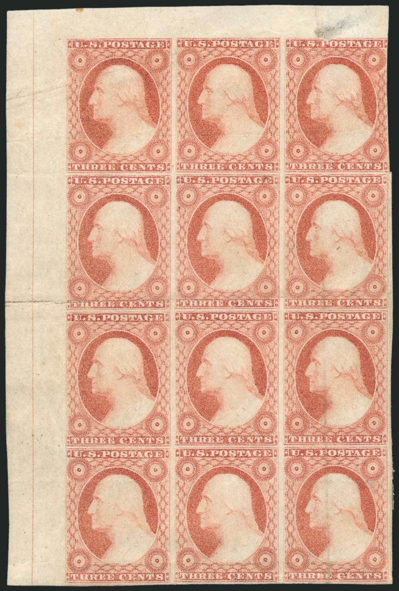 3c Dull Red, Ty. I, Trial Printing on Thick Gummed Paper (11 var).> Positions 1-311-1321-2331-33R4, vertical block of twelve (3 x 4) with <corner straddle-pane margins and centerline at left,> large margins
other sides except just in at right on P