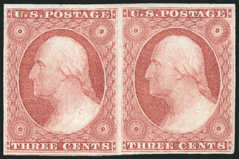 3c Dull Red, Ty. I (11).> Horizontal pair, original gum, large even margins, brilliant color, right stamp light diagonal crease at lower right, Very Fine appearance