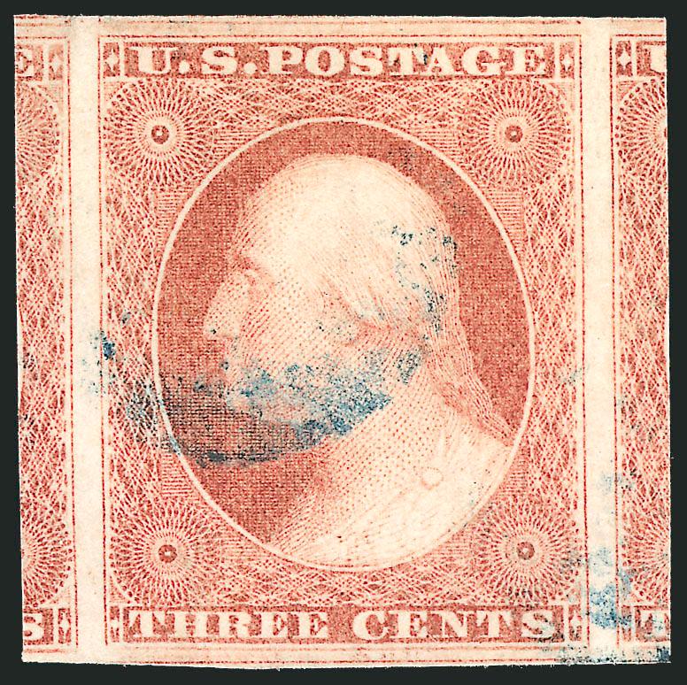 3c Rose Red, Ty. I (11).> Huge margins all around incl. part of seven adjoining stamps, brilliant color on crisp paper, unobtrusive strike of <blue> cancel<><>^EXTREMELY FINE GEM AND THE ESSENCE OF PERFECTION.
THIS IS ONE OF ONLY FOUR EXAMPLES OF T