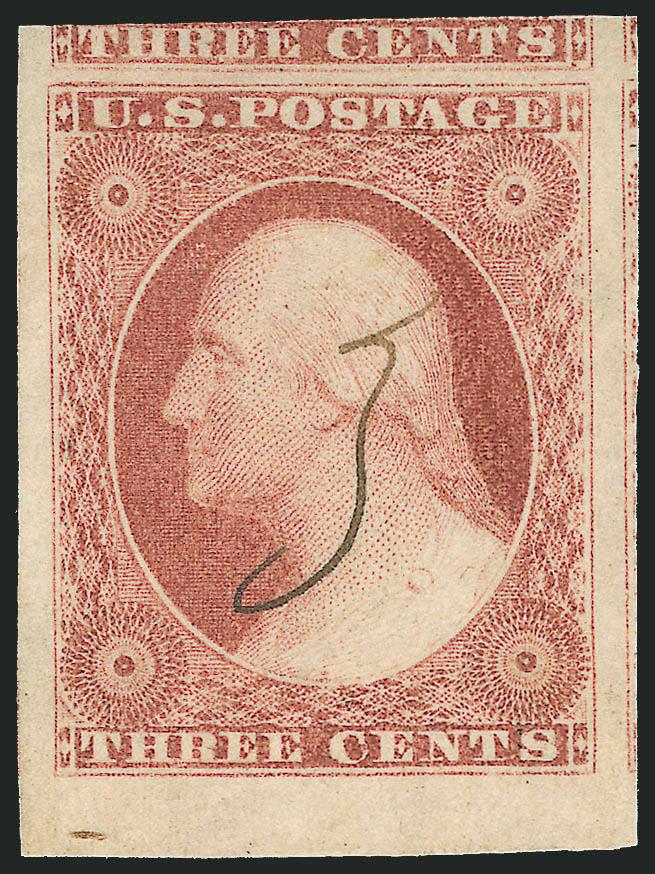 3c Dull Red, Ty. I (11).> Enormous margins all around incl. <sheet margin at bottom> and parts of two adjoining stamps, neat 3 ms. cancel, Extremely Fine Gem, with 2006 P.S.E. certificate (XF 90 Jumbo), P.S.E.
states that it penalizes a sound stamp