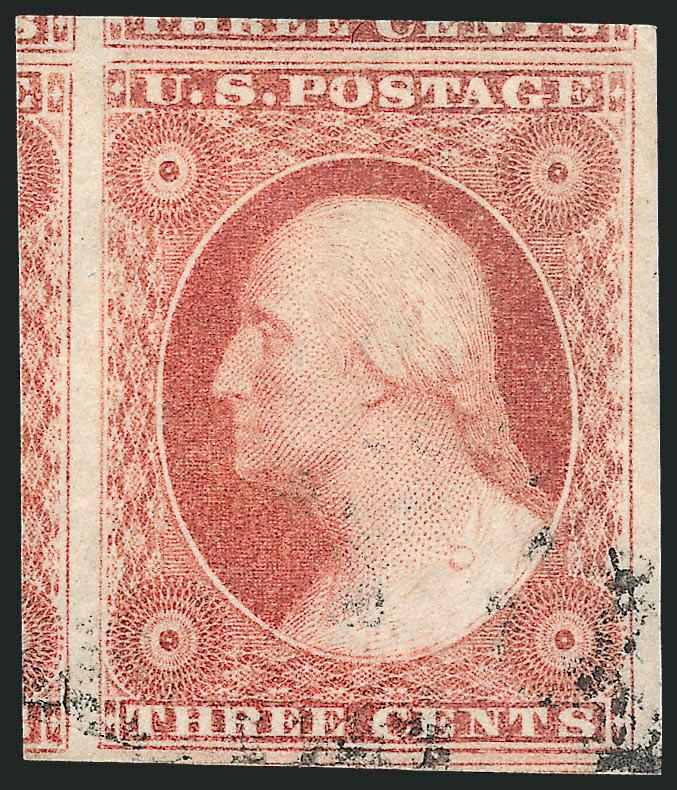 3c Dull Red, Ty. I (11).> Huge margins incl. part of four adjoining stamps, brilliant color, unobtrusive cancel leaves entire design clearly visible, Extremely Fine Gem, a superb stamp in every respect