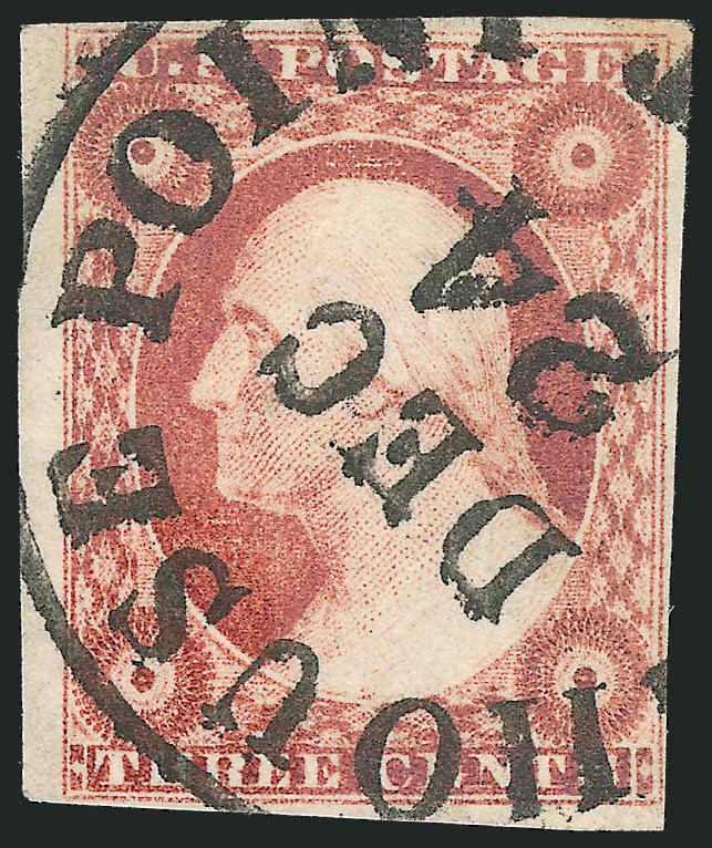 3c Dull Red, Ty. I, II (11, 11A).> Four used stamps, incl. one Type I and three Type II, large to huge margins all around, better shades incl. Claret and Bright Carmine, cancels incl. U.S. Express Mail, blue
circular datestamp, fresh and Extremely Fi