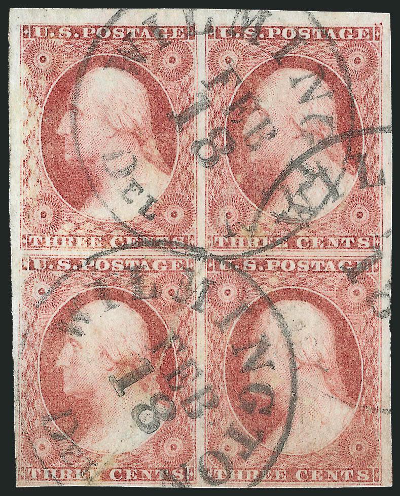 3c Claret, Ty. I (11).> Block of four, ample to huge margins incl. <top sheet margin,> attractive color, neat Wilmington Del. Feb. 18 circular datestamps, slight natural dry print on top left stamp and pressed
crease, otherwise Very Fine-Extremel