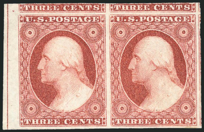3c Brownish Carmine, Ty. II (11A).> Positions 91-92R2L, horizontal pair, original gum, lightly hinged, large to huge margins incl. <left straddle-pane margin centerline> and parts of adjoining stamps at top,
right stamp tiny gum wrinkle, otherwise Ex