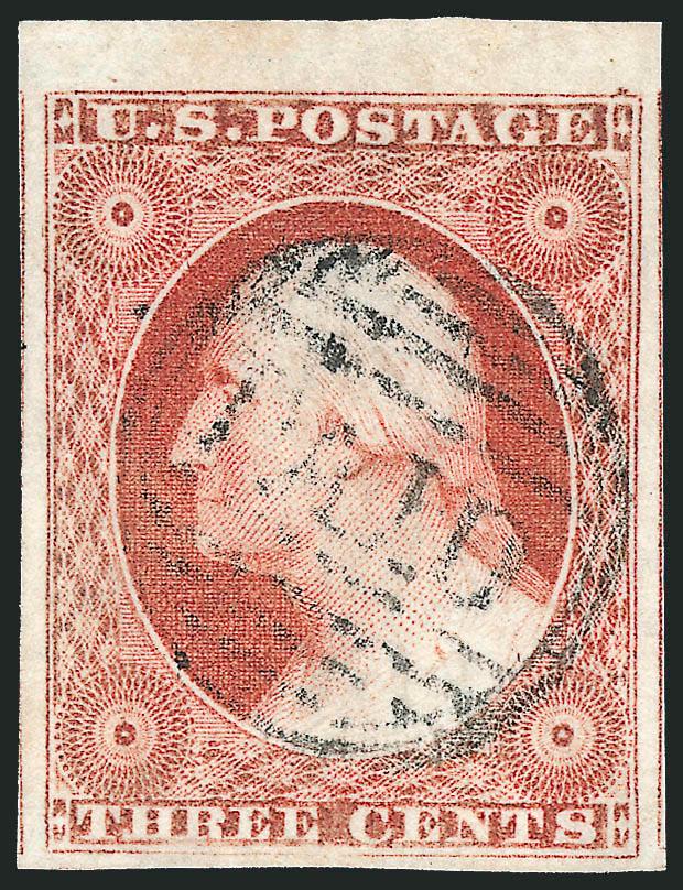 3c Brownish Carmine, Ty. II (11A).> Position 6L1L, huge margins all around incl. <sheet margin> at top and traces of adjoining stamps at sides, perfect central strike of Paid circular grid, Extremely Fine Gem
and especially desirable in the Brownis