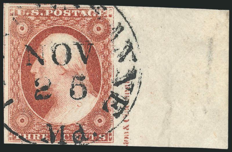 3c Dull Red, Ty. II (11A).> Large to huge margins incl. parts of two adjoining stamps and <part imprint with wide sheet margin at right,> intense color, neat strike of Maryland circular datestamp, Extremely
Fine Gem, a wonderful stamp