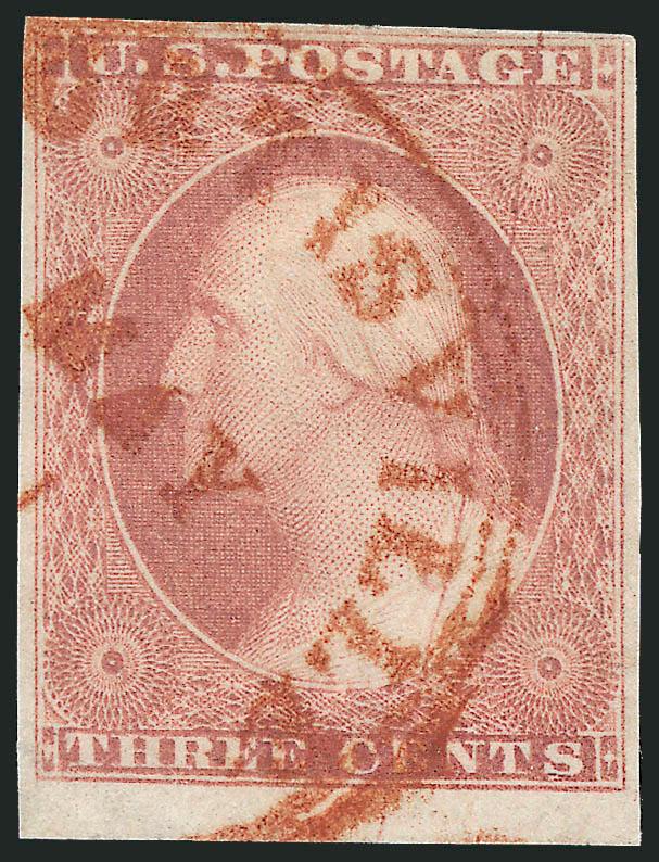 3c Claret, Ty. II, Major Plate Crack (11A var).> Position 94L5L, large to huge margins incl. <sheet margin at bottom,> brilliant color, <red> circular datestamp leaves most of plate crack clearly visible,
Extremely Fine, a beautiful example of this m