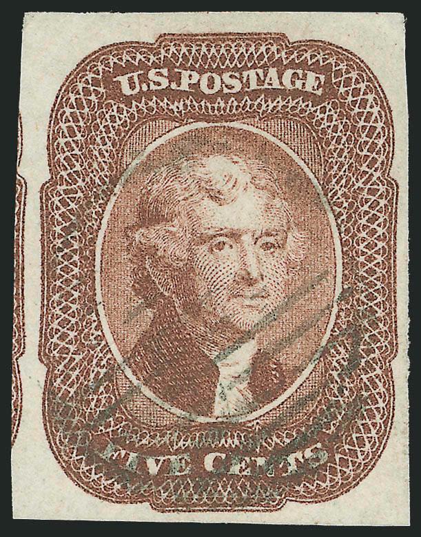 5c Red Brown (12).> Full to large margins all around including part of adjoining stamp at left, rich color and detailed impression on bright white paper, neat virtually face-free grid cancel, Extremely Fine
Gem, with 2002 P.F. certificate