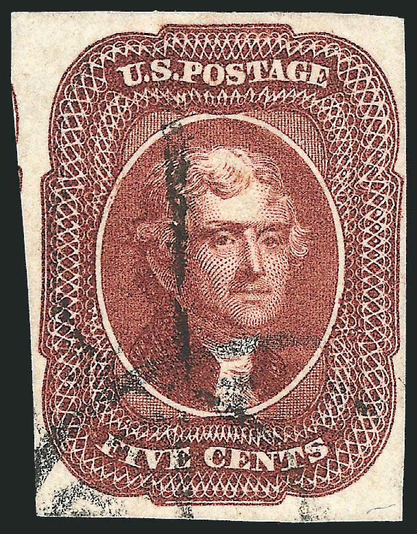 5c Red Brown (12).> Ample to large margins showing bit of adjoining stamp at left, face-free strike of circular datestamp and with <French due marking> cancel, Very Fine, scarce with the French decimes marking
on the stamp, Scott Retail with no premi