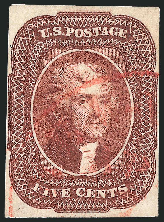 5c Red Brown (12).> Large margins at top and bottom, ample to clear at sides, lightly struck <red> circular datestamp, Fine and attractive