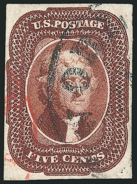 5c Red Brown (12).> Ample to full margins, bright shade on crisp paper, circular datestamp and portion of red transit cancel, faint thin spot at left of Jeffersons head noted only on most recent certificate,
Very Fine appearance, with 1991 and 2010