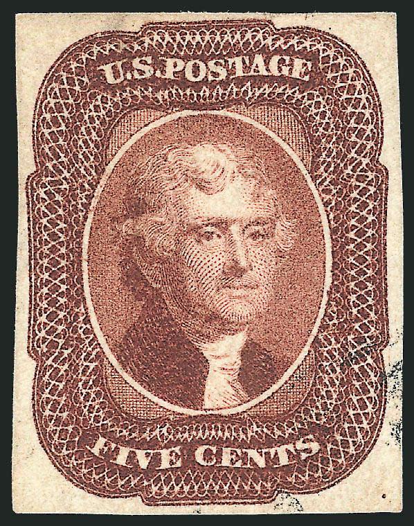 5c Red Brown (12).> Ample to full margins, light face-free cancel, vertical line of ms. offset on back barely evident on front at top left, Very Fine appearance