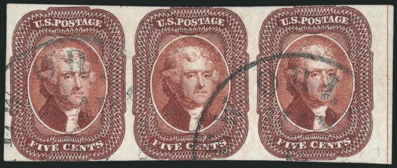 5c Red Brown (12).> Horizontal strip of three with <straddle-pane margin and centerline at right,> other sides ample to just in, New Orleans circular datestamps<><>^FINE-VERY FINE. A SCARCE STRIP OF THREE OF
THE 5-CENT 1856 ISSUE WITH CENTERLINE MA