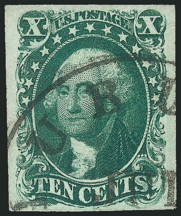 10c Green, Ty. I (13).> Position 99R1, <curl in left X variety,> ample to huge margins, deep rich color and clear impression, neat circular datestamp, Extremely Fine, with 2010 P.S.E. certificate (XF 90 SMQ
$1,600.00 with no premium for the variet