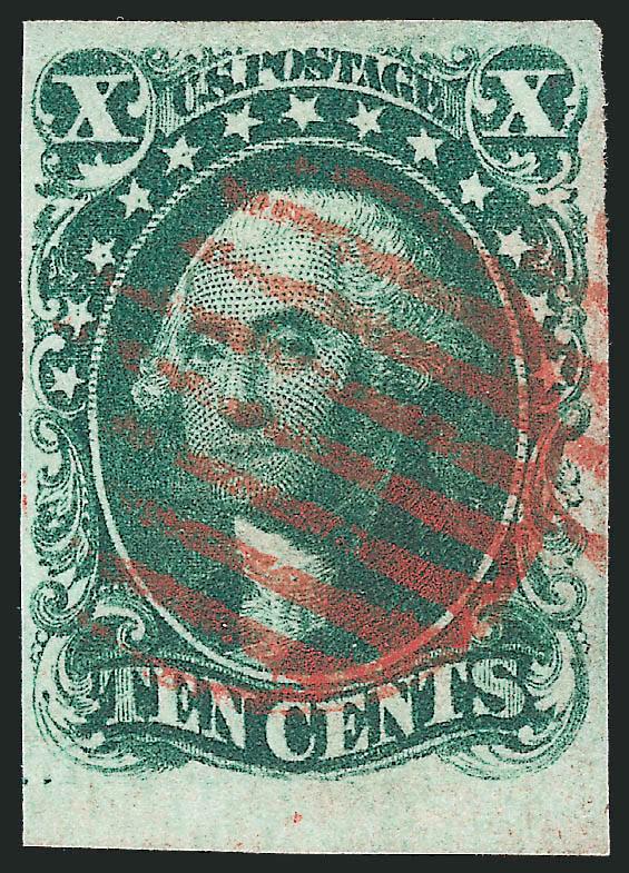 10c Green, Ty. I (13).> With huge <sheet margin> at bottom, other sides ample to full, deep rich color, vivid <red grid> cancel, Very Fine and choice, with 2008 P.S.E. certificate