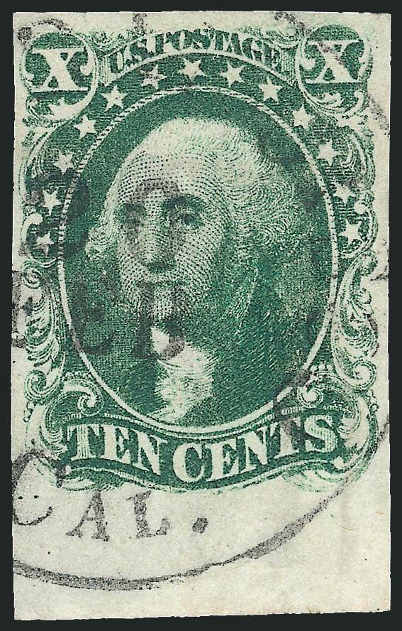 10c Green, Ty. I (13).> With <sheet margin at bottom,> other sides ample to full margins, California town circular datestamp, Very Fine and choice, with 2010 P.S.E. certificate (VF 80 SMQ $800.00)