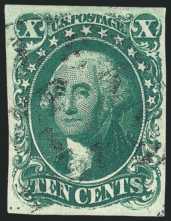 10c Green, Ty. I (13).> Large to full margins, beautiful deep rich color, light circular datestamp cancel, Very Fine and choice