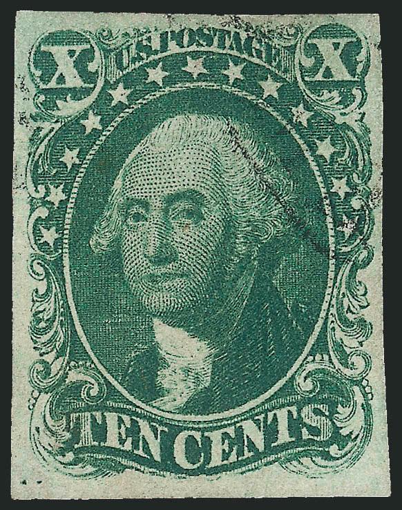 10c Green, Ty. I (13).> Full to large margins, intense shade and impression, face-free strike of circular datestamp, Very Fine and choice, with 2010 P.S.E. certificate (VF 80 SMQ $800.00)