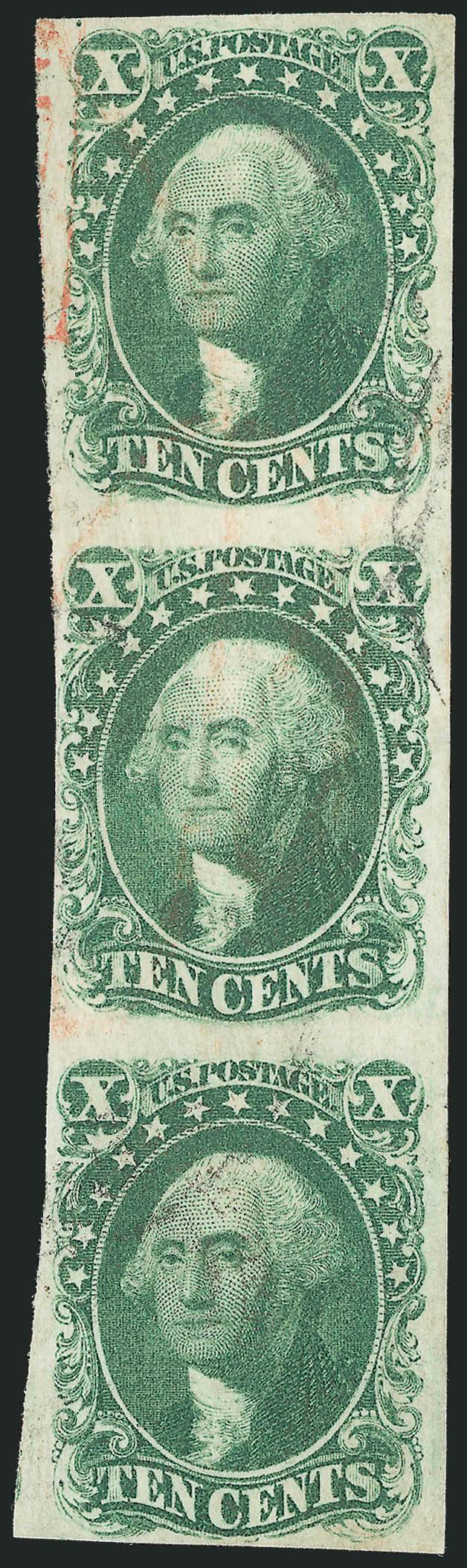 10c Green, Ty. IIIIII (141513).> Positions 758595R1, vertical three-type combination strip of three with Type I at bottom, large margins to clear, deep rich color, light cancels<><>^VERY FINE. A RARE STRIP OF
THREE OF THE 10-CENT 1855 IMPERFO