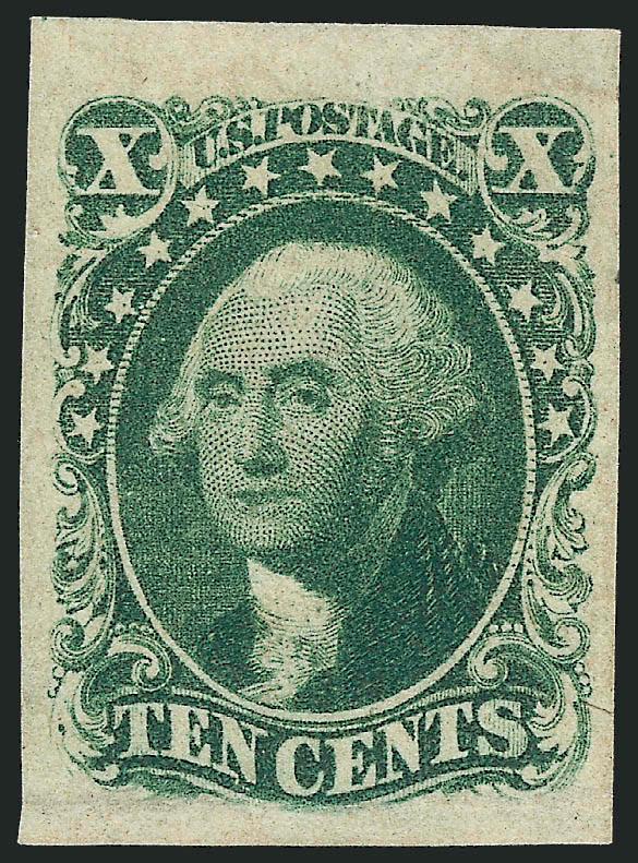 10c Green, Ty. II (14).> Original gum, large to huge margins incl. <sheet margin at top,> bright color, light horizontal crease at bottom<><>^EXTREMELY FINE APPEARING ORIGINAL-GUM EXAMPLE OF THE IMPERFORATE
1855 10-CENT TYPE II.^<><>Ex Geisler. W