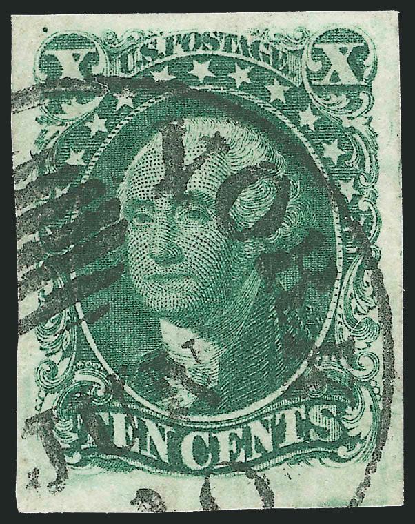 10c Green, Ty. II (14).> Massive margins all around, deep rich color and proof-like impression, bold strike of <New York Ocean Mail> circular datestamp with integral grid, Extremely Fine Gem, ex LeBow, with
1983 P.F. certificate, Scott Retail with no