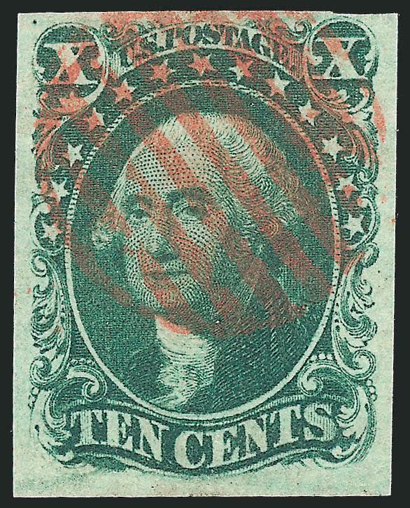 10c Green, Ty. II (14).> Position 52L1, full to large margins, wonderful rich color, bright <orange-red> grid cancel, Very Fine and choice, ex Morris, with 1986 P.F. certificate