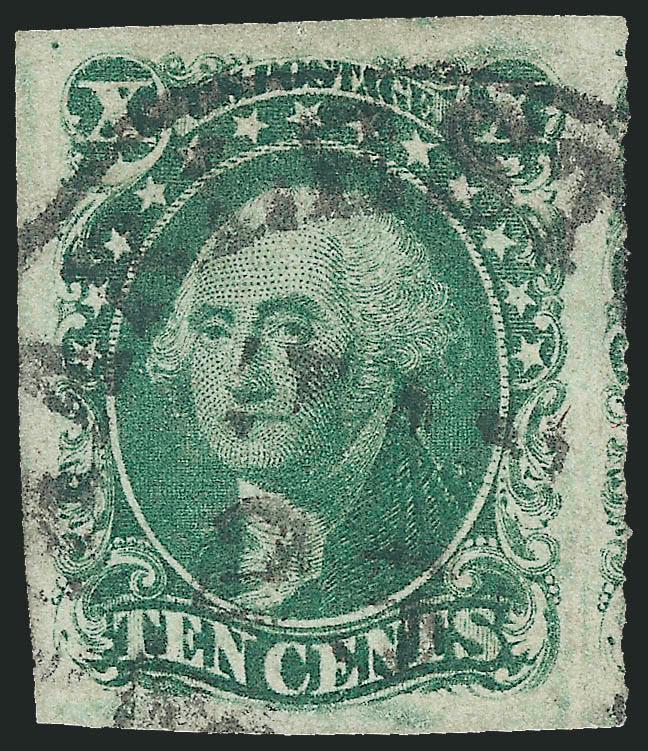 10c Green, Ty. II (14).> Huge margins incl. part of adjoining stamp at right, light shade, Charleston S.C. circular datestamp, Extremely Fine, with 1983 and 2009 P.F. certificates (VF-XF 85XQ)