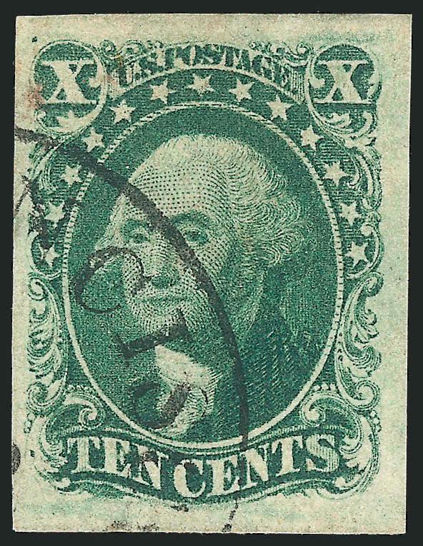 10c Green, Ty. II (14).> Position 17L1, large to huge margins, neat strike of San Francisco circular datestamp, Extremely Fine, this stamp is from a noteworthy A Relief position which shows the complete oval at
top left, but a broken oval at top righ