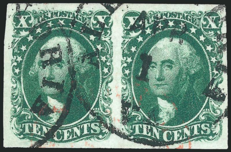 10c Green, Ty. II (14).> Horizontal pair, large to mostly huge margins, beautiful deep rich color nicely contrasted against bright white paper, neat Alexandria Va. circular datestamps and trace of red foreign
transit, Extremely Fine, lovely pair