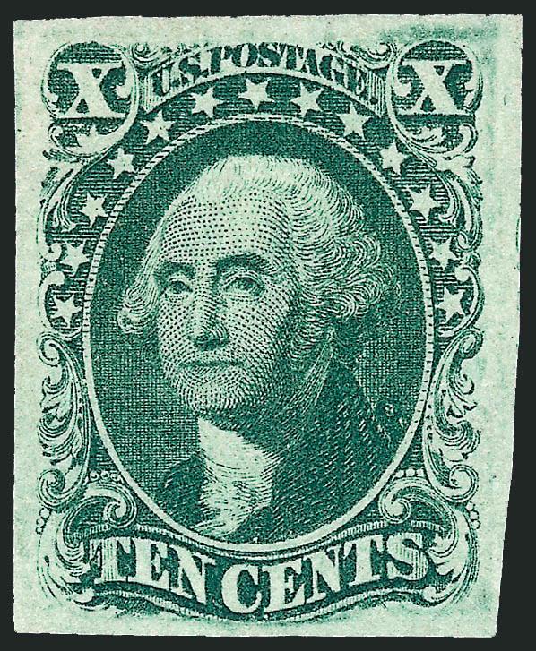 10c Green, Ty. III (15).> Unused (no gum), large to huge margins, rich color, remarkably fresh and bright<><>^EXTREMELY FINE. AN OUTSTANDING UNUSED EXAMPLE OF THE 1855 10-CENT TYPE III IMPERFORATE.^<><>Ex
Hansen. With 1990 and 2008 P.F. certifica