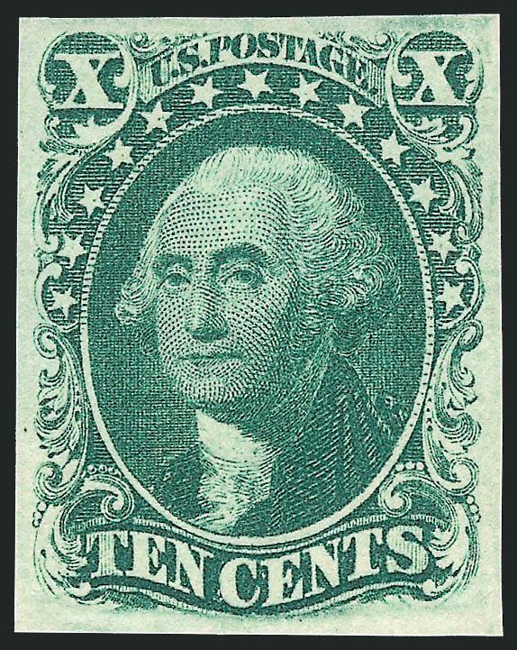 10c Green, Ty. III (15).> Position 69R1, unused (no gum), full even margins all around, sharp proof-like impression on bright fresh paper<><>^EXTREMELY FINE. AN EXCEPTIONALLY ATTRACTIVE UNUSED EXAMPLE OF THE
1855 10-CENT TYPE III IMPERFORATE.^<><