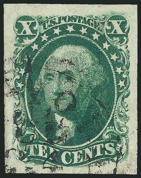 10c Green, Ty. III (15).> Huge margins all around, dark color and clear impression, New York circular datestamp, Extremely Fine Gem, with 2010 P.S.E. certificate (XF-Superb 95 Jumbo SMQ $650.00 as 95, $1,250.00
as 98)