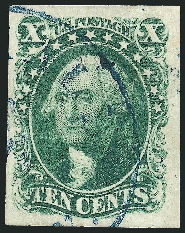 10c Green, Ty. III (15).> Large to huge margins, lovely color on fresh paper, neat <blue> circular datestamp, Extremely Fine and handsome