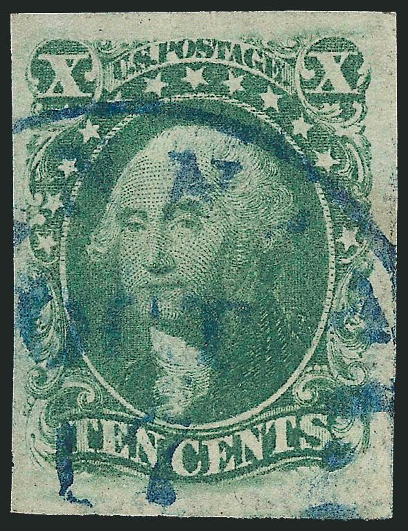 10c Green, Ty. III (15).> Position 46L1, huge margins to full, pretty shade nicely complemented by <blue> circular datestamp, Extremely Fine, ex Klein