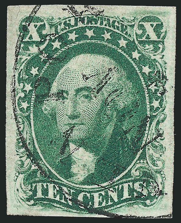 10c Green, Ty. IV (16).> Position 64L1, <recut at top and bottom,> large to huge margins all around, bright color, neat strike of circular datestamp<><>^EXTREMELY FINE. A BEAUTIFUL USED EXAMPLE OF THE 1855
10-CENT TYPE IV FROM POSITION 64L1, THE ON