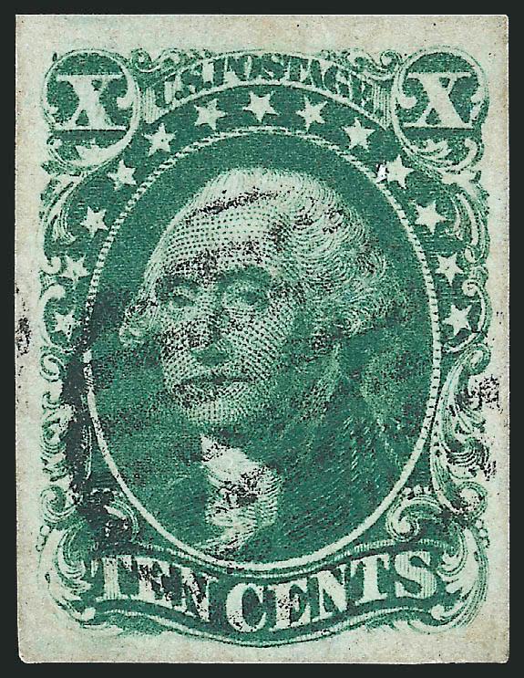 10c Green, Ty. IV (16).> Position 54L1, recut at bottom, large balanced margins, deep rich color and and a light unobtrusive grid cancel<><>^EXTREMELY FINE. A PARTICULARLY CHOICE USED EXAMPLE OF THE 1855
10-CENT TYPE IV IMPERFORATE.^<><>With 1993