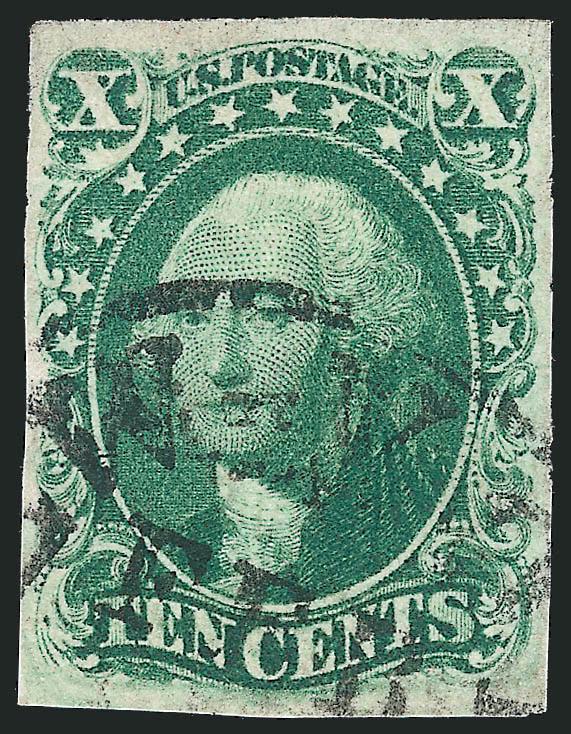 10c Green, Ty. IV (16).> Position 3R1, recut at top (misplaced transfer position), ample to large margins, attractive color with a light circular datestamp, Very Fine, the only position recut on the entire
right pane of the plate. with 1993 P.F. cert