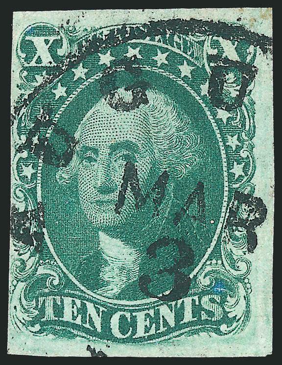 10c Green, Ty. IV (16).> Position 65L1, recut at top, large margins to just clear at left, bold strike of town datestamp, rich color, two small blue discoloration spots at left and bottom right, Very Fine
appearance, with 1985 and 2010 P.F. certifica