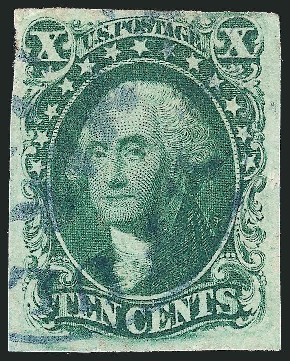 10c Green, Ty. IV (16).> Position 74L1, recut at top, large margins to full, light strike of <blue> circular datestamp, insignificant corner crease at top right, Very Fine appearance