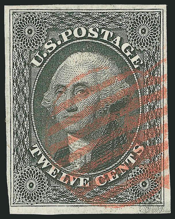 12c Black (17).> Huge margins to ample at lower left, incredibly detailed impression on bright paper nicely contrasted by <red grid> cancel, Extremely Fine, with 1983 P.F. and 2006 P.S.E. certificates (VF-XF 85
SMQ $325.00)