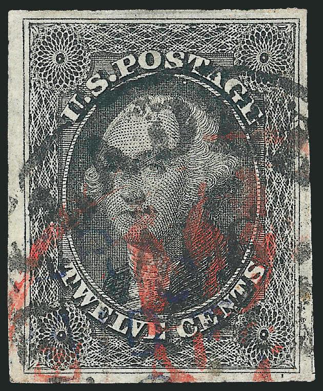 12c Black (17).> Huge margins all around, Philadelphia circular datestamp and large red 19 credit datestamp, Extremely Fine, the 12c 1851 is rarely found with margins of this size and uniformity