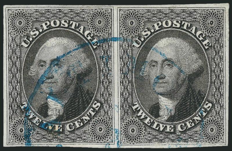 12c Black (17).> Horizontal pair, ample to large margins, clear impression, <blue> circular datestamp, small trivial toning spot on back of left stamp, otherwise Very Fine and choice