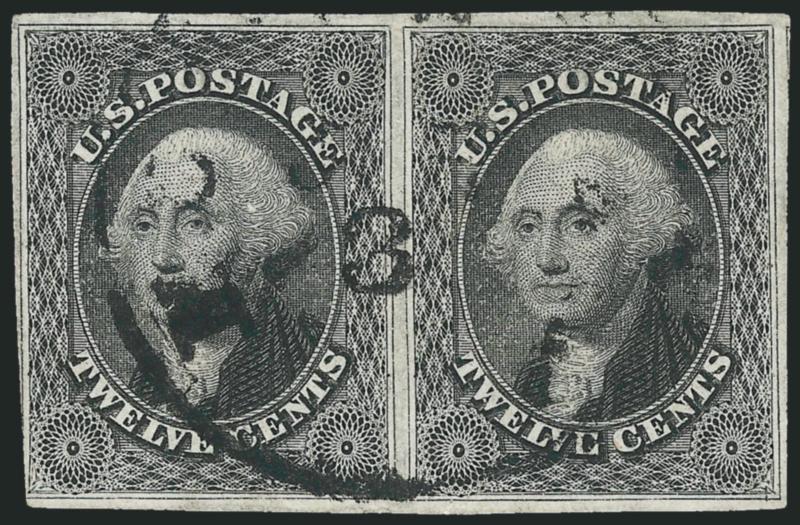 12c Black (17).> Horizontal pair, ample to large margins all around except barely in at bottom left, circular datestamp cancel, tiny margin tear at bottom left of right stamp, otherwise Fine-Very Fine, with
2007 P.S.E. certificate