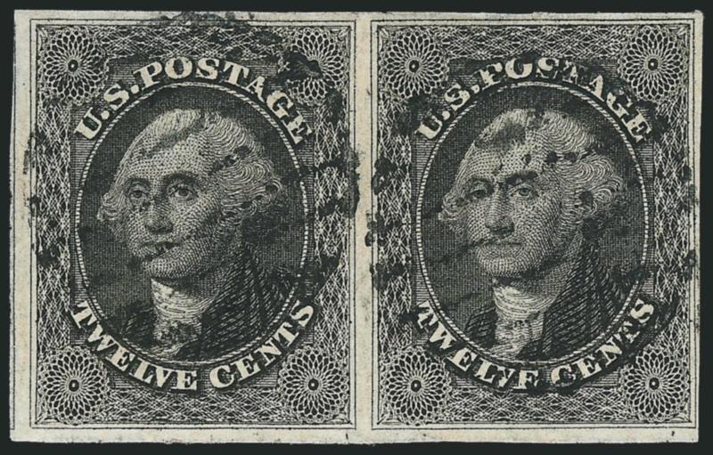 12c Black (17).> Horizontal pair, huge margins to full incl. part of adjoining stamp at left, neat strikes of grid cancel, left stamp light vertical crease, Very Fine appearance, with 2004 P.S.E.
certificate