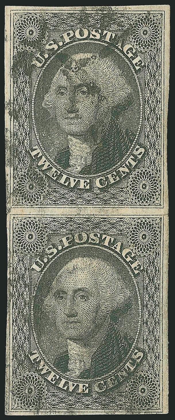 12c Black (17).> Vertical pair, large margins all around, <bottom stamp plate crack,> light strikes of datestamps, few creases and overall soiling, otherwise Fine, scarce with the plate crack, with 1998 A.P.S.
certificate