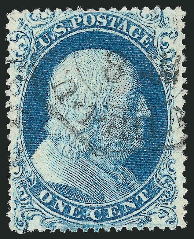 1c Blue, Ty. I (18).> Plate 12, unusually wide margins for this tightly-spaced issue, clearly shows the type characteristics at bottom, bright color, <Philadelphia carrier> datestamp, few slightly nibbed perfs
at lower left, still Extremely Fine, wit