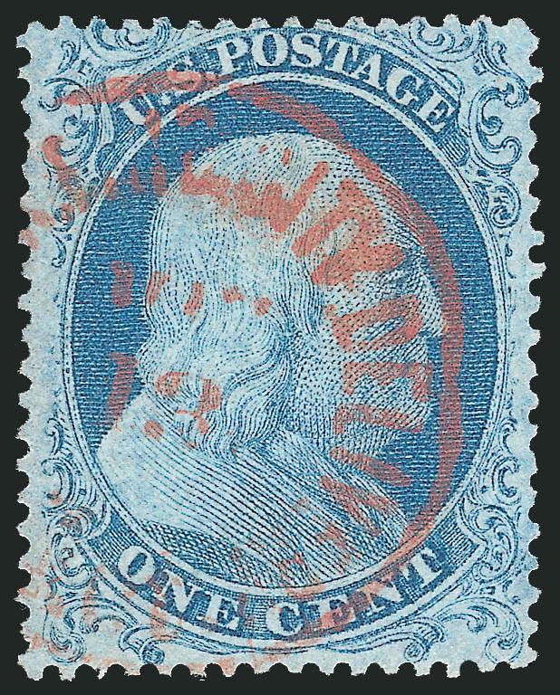 1c Blue, Ty. I (18).> Plate 12, bright shade nicely complemented by <red New York carrier> circular datestamp, well-balanced margins, Very Fine and choice, a pretty stamp, with 2007 P.F. certificate